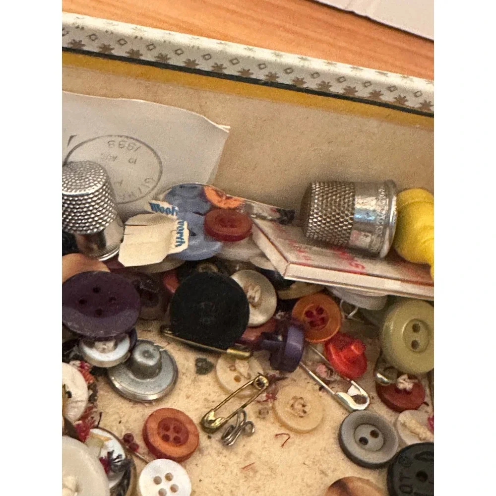 Vintage Sewing Notions Lot Buttons Needles Thimbles Mixed Multi Ornate Crest MCM